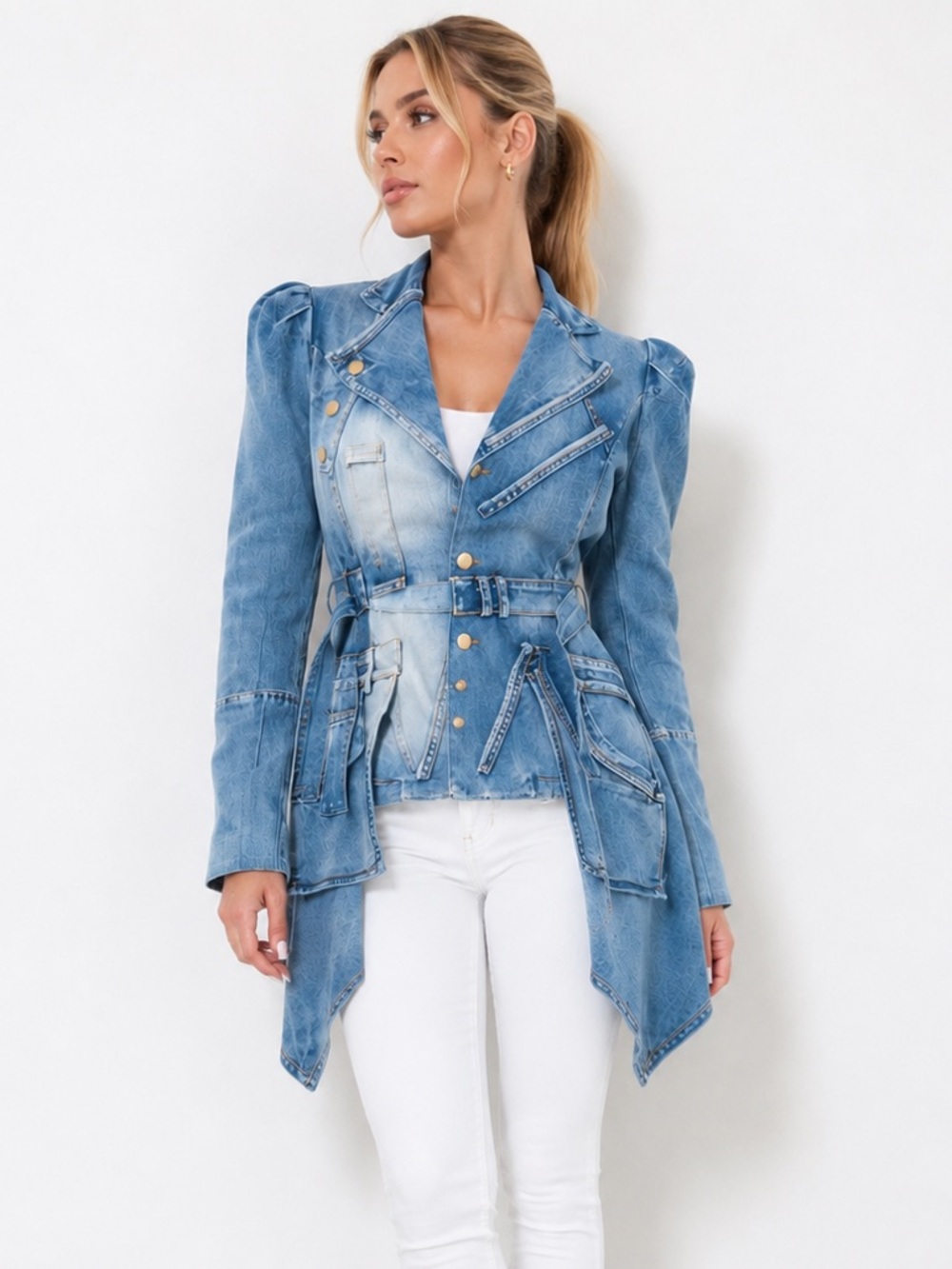 Athina Avant Garde Denim Jean Moto Jacket Peplum Raw Hem Stretch Coat Edgy S